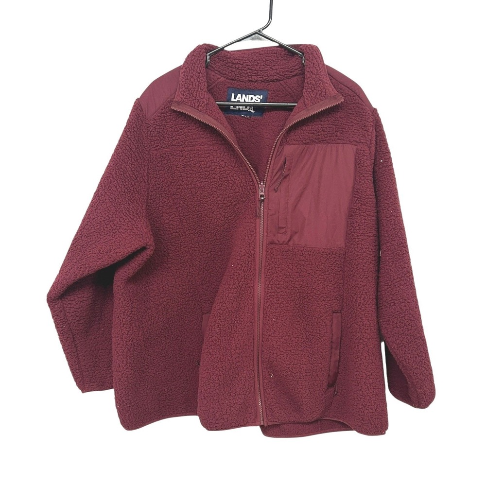 Lands' End Fleece Jacket XL Burgundy Full‎ Zip Pockets Outdoor Gorpcore